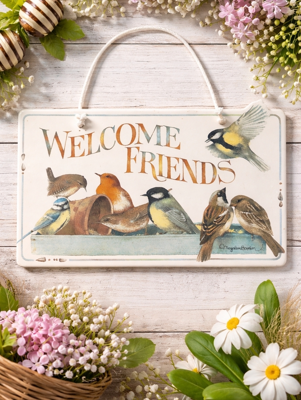 1990's Vintage Marjolein Bastin Ceramic Birds Welcome Friends Wall Hanging Plack